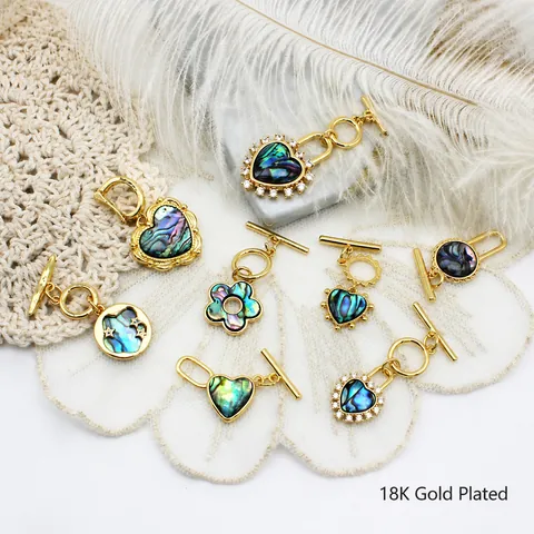 18K Gold Plated Copper Abalone Shell Heart Flower OT Buckle Connector Rhinestone Inlaid DIY Jewelry Finding Accessory