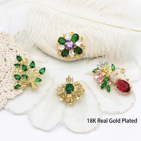 Lussuosa Spilla in Rame Placcato Oro 18K con Zirconia Albero di Natale Vaso di Fiori Spilla in Cristallo Verde Smeraldo