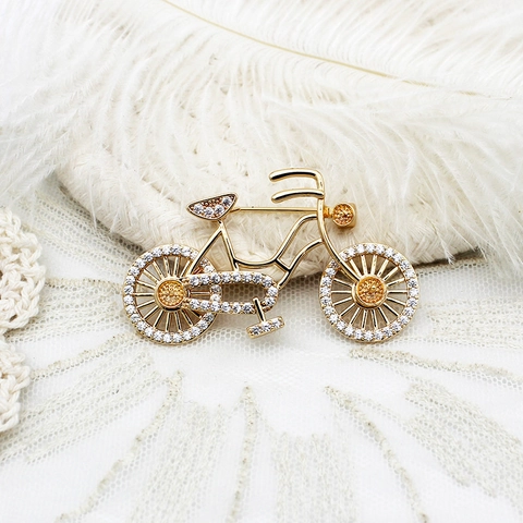 Spilla Vintage in Rame Placcato Oro 18K Con Strass e Perla Artificiale a Forma di Bicicletta Ape per Donna Matrimonio Festa Gioielli
