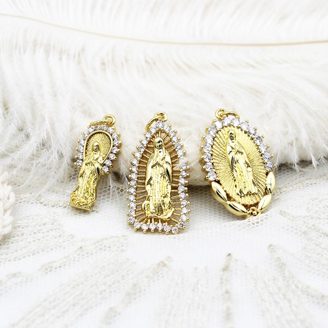 18K Verguld Koperen Zirconia Maagd Maria Portret Hanger Religieuze DIY Sieraden Bedel Benodigdheden Voor Kettingen