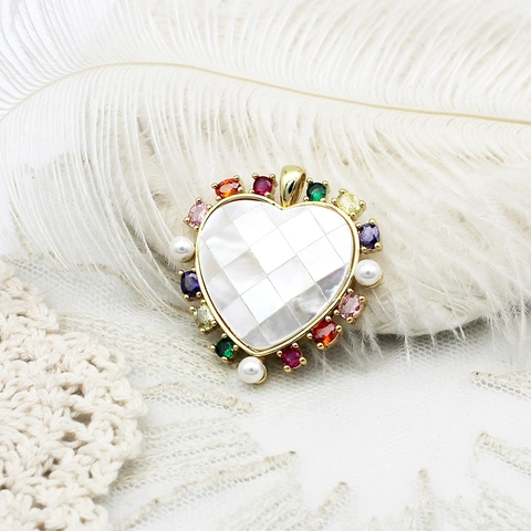 Colgante de Corazón de Cobre Bañado en Oro 18K Mosaico de Nácar Con Diamantes de Imitación Multicolor Perla Artificial DIY
