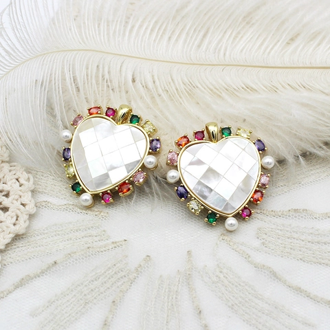 Colgante de Corazón de Cobre Bañado en Oro 18K Mosaico de Nácar Con Diamantes de Imitación Multicolor Perla Artificial DIY