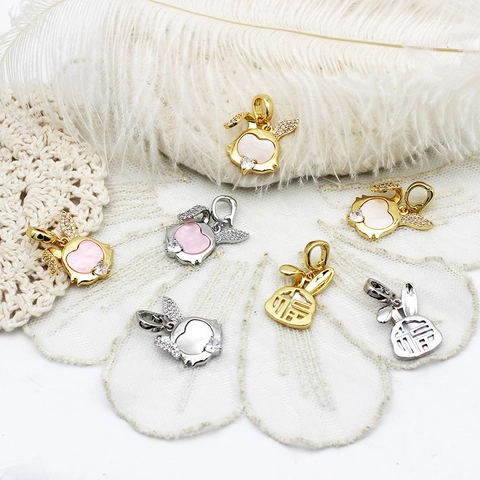 Copper Rabbit Pendant With Shell And Rhinestone 18K Gold Plated Fu Character DIY Necklace Earring Jewelry Accessories