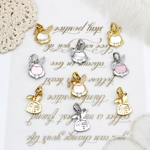 Copper Rabbit Pendant With Shell And Rhinestone 18K Gold Plated Fu Character DIY Necklace Earring Jewelry Accessories