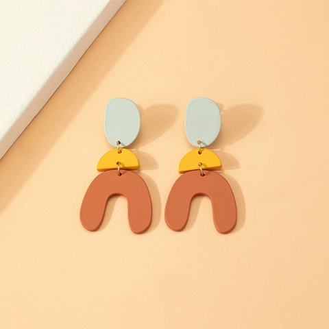 Modern Geometric Color Block Drop Earrings For Women Zinc Alloy Matte Polymer Clay Three Tier Dangle Earrings Jewelry