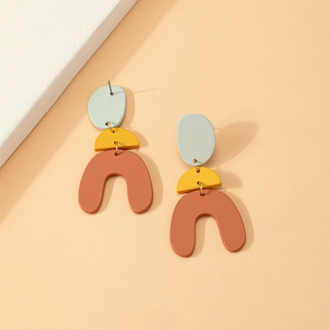 Modern Geometric Color Block Drop Earrings For Women Zinc Alloy Matte Polymer Clay Three Tier Dangle Earrings Jewelry