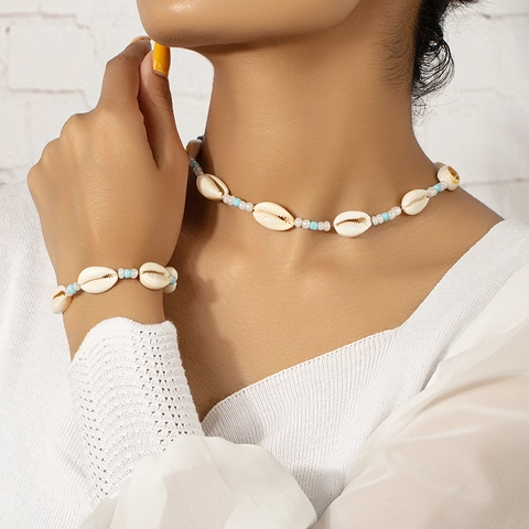 Bohemian Natural Shell Beaded Necklace Bracelet Set Alloy Gold Plated Beach Vacation Jewelry For Women Summer Gift
