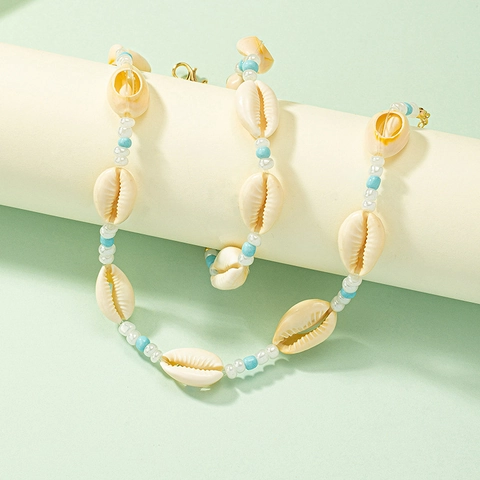 Bohemian Natural Shell Beaded Necklace Bracelet Set Alloy Gold Plated Beach Vacation Jewelry For Women Summer Gift