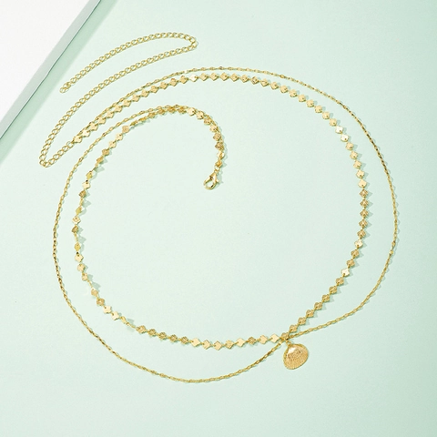 Damen Gold Doppelschicht Taillenkette Böhmische Strand Muschel Anhänger Pailletten Körperkette Verstellbar Sommer Gürtel Schmuck