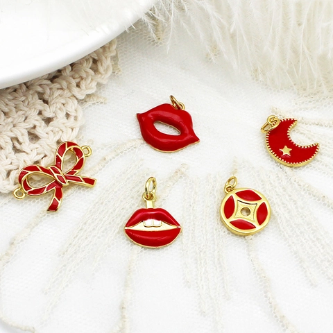 18K Gold Plated Copper Red Enamel Charms For Jewelry Making Heart Evil Eye Hamsa Hand Lips Butterfly Bow Cross Pendants DIY Crafts