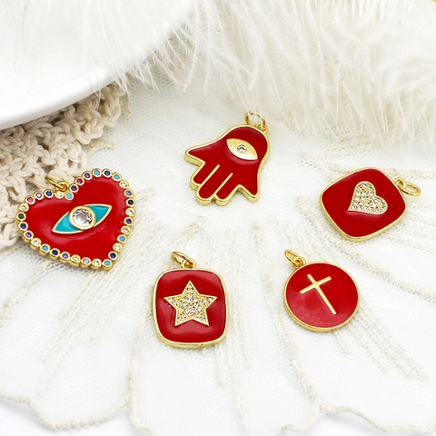 18K Gold Plated Copper Red Enamel Charms For Jewelry Making Heart Evil Eye Hamsa Hand Lips Butterfly Bow Cross Pendants DIY Crafts