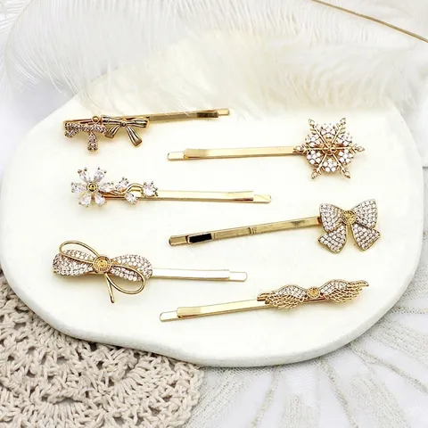 Elegant Gold Copper Bow Knot Snowflake Flower Wing Hair Clip Rhinestone Artificial Pearl Inlaid Fashion Hair Accessories
