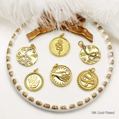 18K Gold Plated Copper Medallion Pendant Hamsa Hand Snake Zirconia Inlaid Vintage DIY Jewelry Making Accessory For Women