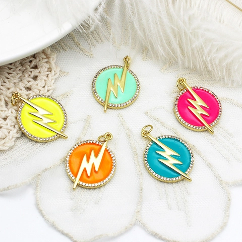 18K Gold Plated Brass Round Lightning Bolt Pendant Enamel Micro Pave Zirconia Charm For DIY Jewelry Making Women Accessory