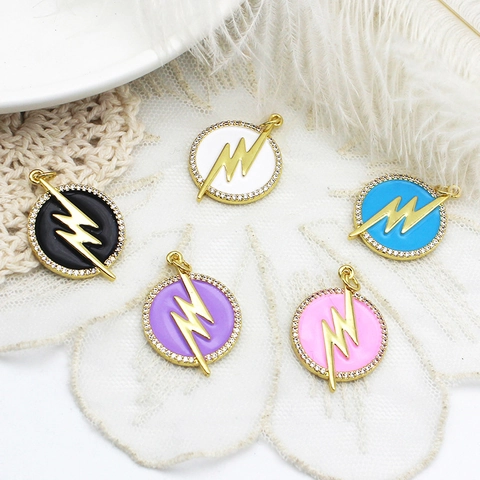18K Gold Plated Brass Round Lightning Bolt Pendant Enamel Micro Pave Zirconia Charm For DIY Jewelry Making Women Accessory