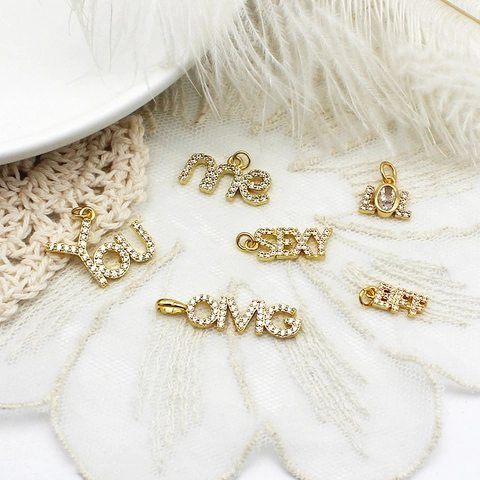 Copper Rhinestone Letter Pendant 18K Gold Plated Word Charms For DIY Necklace Bracelet Jewelry Making Happy Mama Love OMG