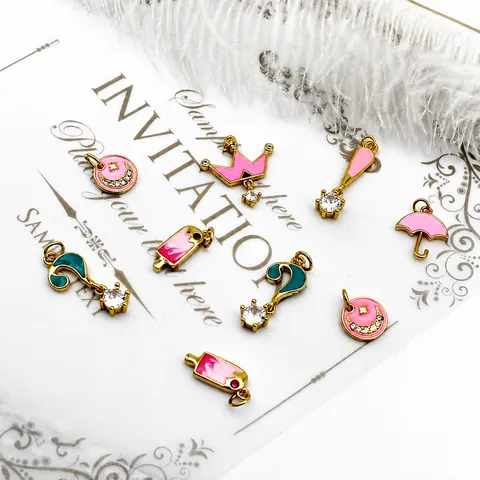 18K Gold Plated Copper Enamel Charms Cartoon Crown Umbrella Ice Cream Question Mark Pendants Rhinestone DIY Jewelry Accessories