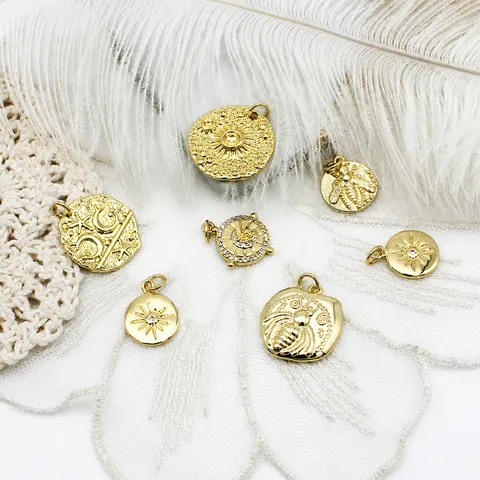 18K Gold Plated Brass Celestial Bee Round Plate Pendants For DIY Jewelry Making Necklace Earring Charm Handicraft