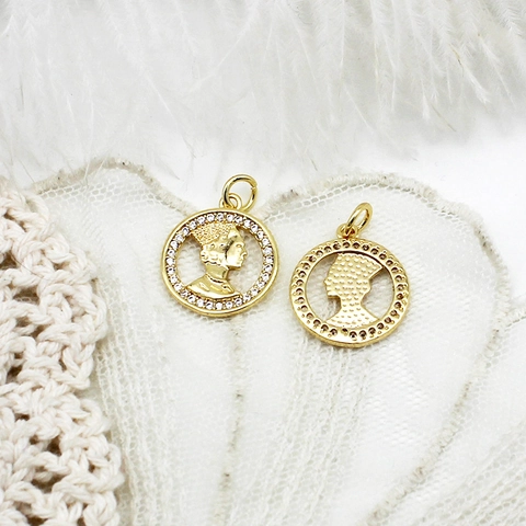 Vintage 18K Gold Plated Copper Queen Portrait Pendant Coin Relief Angel Charm Rhinestone Inlaid DIY Jewelry Findings For Women
