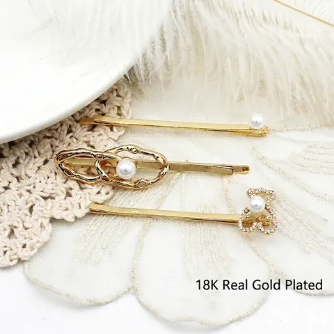 Pinza de Pelo de Oso de Cobre Bañado en Oro Real de 18K Con Strass Perla Artificial Pasador de Pelo Redondo Irregular para Mujer