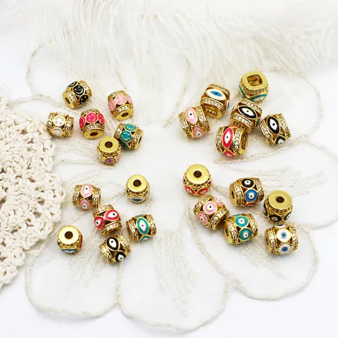 Gold Plated Copper Evil Eye Smiley Face Beads Enamel Rhinestone Inlaid Spacer Beads For DIY Jewelry Making Accessories