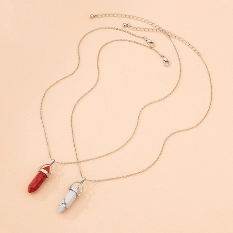 Minimalist Hexagonal Stone Column Pendant Necklace Alloy Chain For Women Bullet Shape Marble Pattern Jewelry Gift