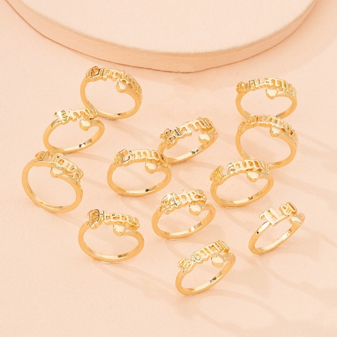 Vintage 12 Zodiac Sign Alloy Ring Set For Women Hollow Heart Letter Adjustable Gold Silver Plated Fashion Finger Rings Jewelry