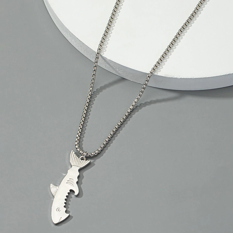 Fashion Alloy Titanium Steel Shark Pendant Necklace For Men Silver Tone Bottle Opener Design Hip Hop Punk Cool Animal Jewelry