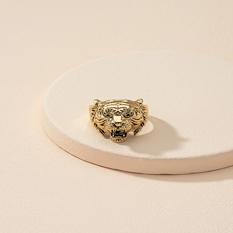 Vintage Tiger Head Alloy Ring For Men Cool Punk Street Style Antique Gold Plated Animal Head Ring Jewelry Gift