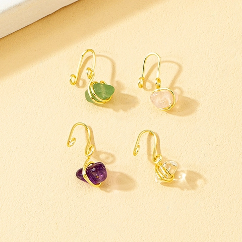 Handmade Wire Wrapped Natural Stone Nose Clip Non Pierced Alloy Gold Plated Bohemian Raw Amethyst Nose Ring For Women Jewelry