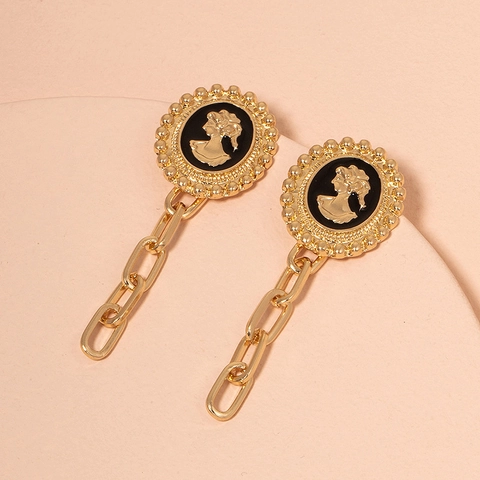 Vintage Emaille Damen Porträt Kamee Ohrhänger Für Frauen Vergoldet Legierung Geometrische Kette Anhänger Ohrringe Schmuck