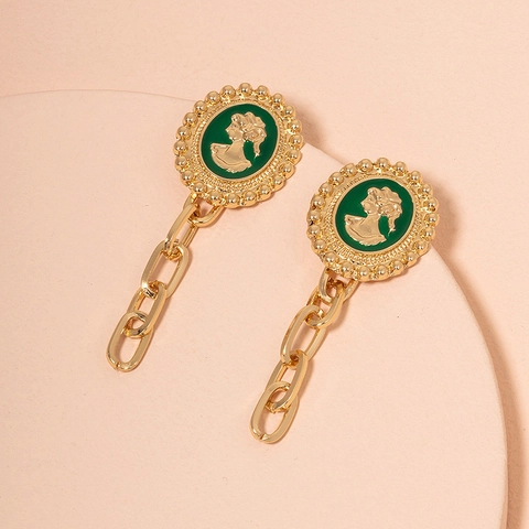 Vintage Emaille Damen Porträt Kamee Ohrhänger Für Frauen Vergoldet Legierung Geometrische Kette Anhänger Ohrringe Schmuck