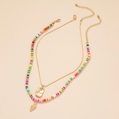 Boheems Gelaagde Halsketting Set Voor Dames Meerkleurige Polymeerklei Kralen Gehamerde Hanger Goud Legering Schelp Blad Sieraden Cadeau