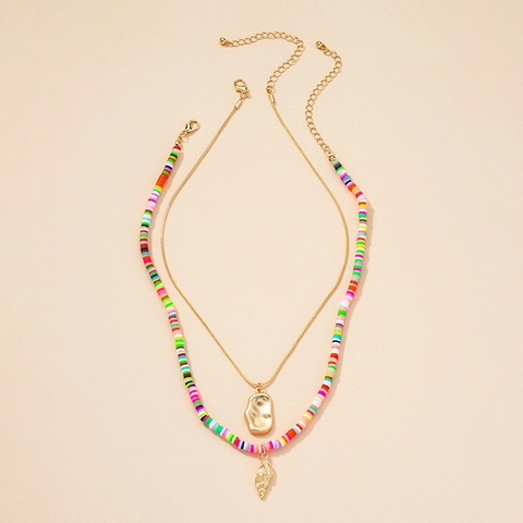 Boheems Gelaagde Halsketting Set Voor Dames Meerkleurige Polymeerklei Kralen Gehamerde Hanger Goud Legering Schelp Blad Sieraden Cadeau