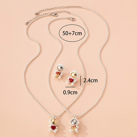 Alloy Space Astronaut Necklace Earring Jewelry Set Cartoon Heart Rose Pendant Astronaut Jewelry For Women Teens Gift