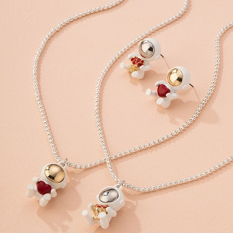 Alloy Space Astronaut Necklace Earring Jewelry Set Cartoon Heart Rose Pendant Astronaut Jewelry For Women Teens Gift