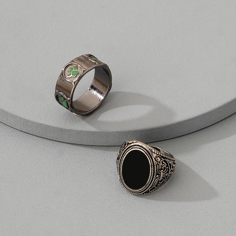 Retro Alloy Finger Ring Vintage Silver Black Seal Ring With Green Paw Prints Pattern For Men Women Couple Jewelry