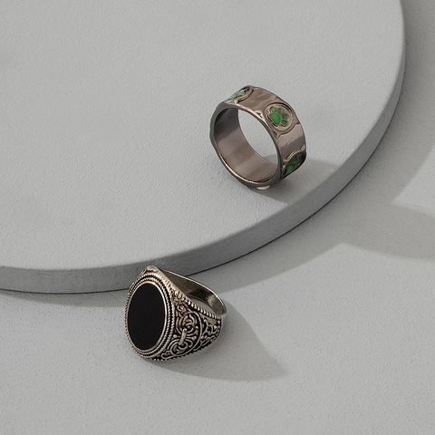 Retro Alloy Finger Ring Vintage Silver Black Seal Ring With Green Paw Prints Pattern For Men Women Couple Jewelry