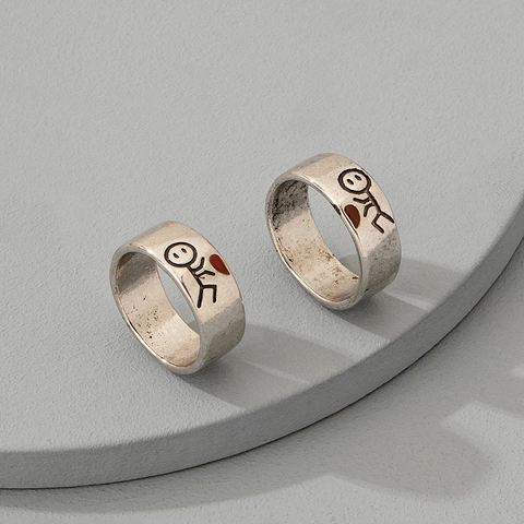 Vintage Alloy Heart Stick Figure Couple Ring Set Retro Silver Plated Matching Finger Rings For Lovers Jewelry Gift