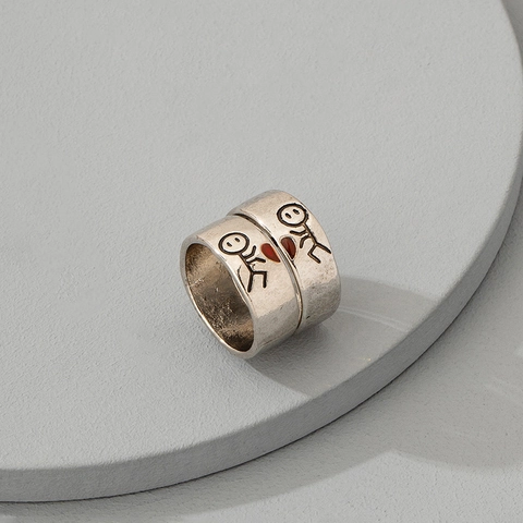 Vintage Alloy Heart Stick Figure Couple Ring Set Retro Silver Plated Matching Finger Rings For Lovers Jewelry Gift
