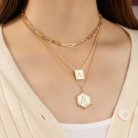 Vintage Gold Plated Alloy Triple Layered Paperclip Chain Hammered Letter Pendant Necklace For Women Fashion Jewelry