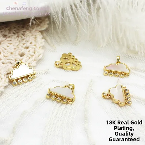 18K Gold Plated Copper Cloud Charm With White Mother Of Pearl Shell And Rhinestone Waterdrop Rain Pendant For DIY Jewelry Making