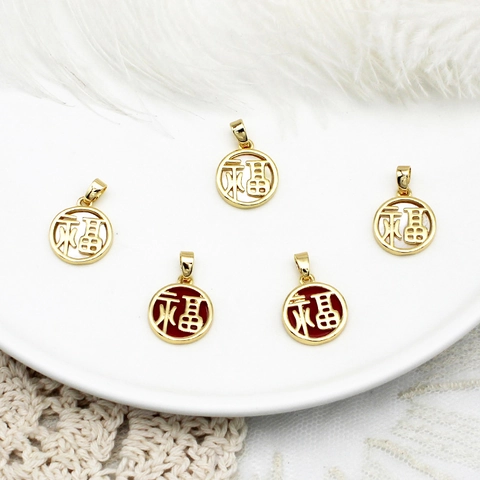 18K Gold Plated Copper Fu Character Pendant Charms Red Enamel White Shell Heart Round Square Blessing Jewelry DIY Accessories
