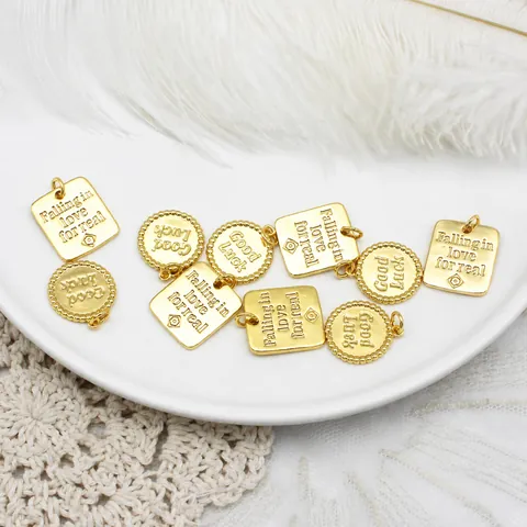 18K Real Gold Plated Brass DIY Jewelry Pendants Good Luck Lettering Square Round Shape Charm For Necklace Bracelet Making Women