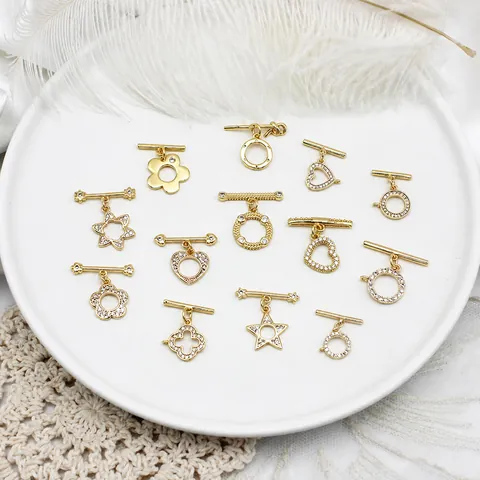 Copper 18K Gold Plated Toggle Clasp Jewelry Making Findings Micro Pave Zirconia Heart Star Flower Connector DIY Necklace Bracelet