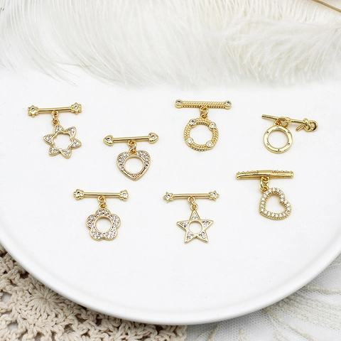Copper 18K Gold Plated Toggle Clasp Jewelry Making Findings Micro Pave Zirconia Heart Star Flower Connector DIY Necklace Bracelet