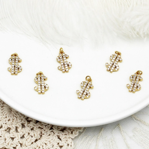 Colgante Símbolo de Dólar de Cobre Chapado en Oro Con Circonia para Fabricación de Collares Pulseras DIY Joyería