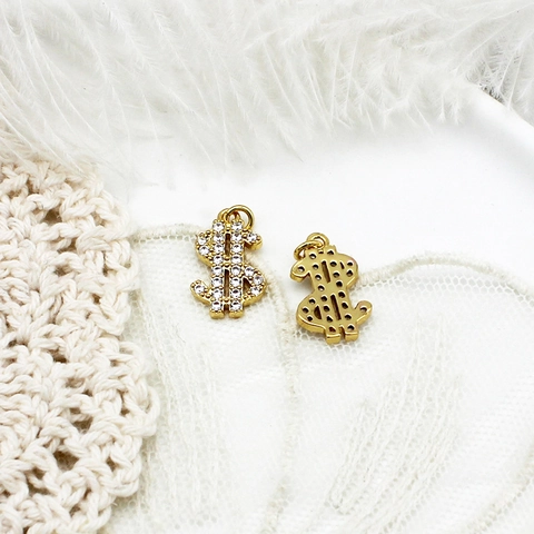 Colgante Símbolo de Dólar de Cobre Chapado en Oro Con Circonia para Fabricación de Collares Pulseras DIY Joyería