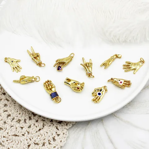 Gold Plated Copper Hand Gesture Pendants Charms With Rhinestone Enamel Evil Eye For DIY Necklace Bracelet Jewelry Making Accessories