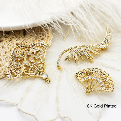 Colgantes de Cobre Chapados en Oro de 18K de Abanico y Pluma con Zirconia Micro Incrustada para Broche DIY Joyería Mujer